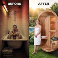 6-Person Patchworkred Cedar Traditional Steam Barrel Sauna — Before & After