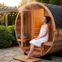 6-Person Patchworkred Cedar Traditional Steam Barrel Sauna — Lifestyle