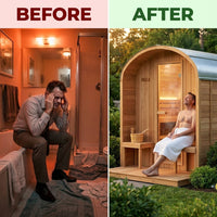 Backyard Discovery Lennon 4-6 Person Traditional Cedar Outdoor Cube Sauna with Porch, Electric Sauna Heater, Sauna Rocks, Dry Heat, Steam Sauna, LED Lights, Wi-Fi Control, Sauna Accessories — Before & After