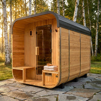 Backyard Discovery Lennon 4-6 Person Traditional Cedar Outdoor Cube Sauna with Porch, Electric Sauna Heater, Sauna Rocks, Dry Heat, Steam Sauna, LED Lights, Wi-Fi Control, Sauna Accessories — Studio Shot