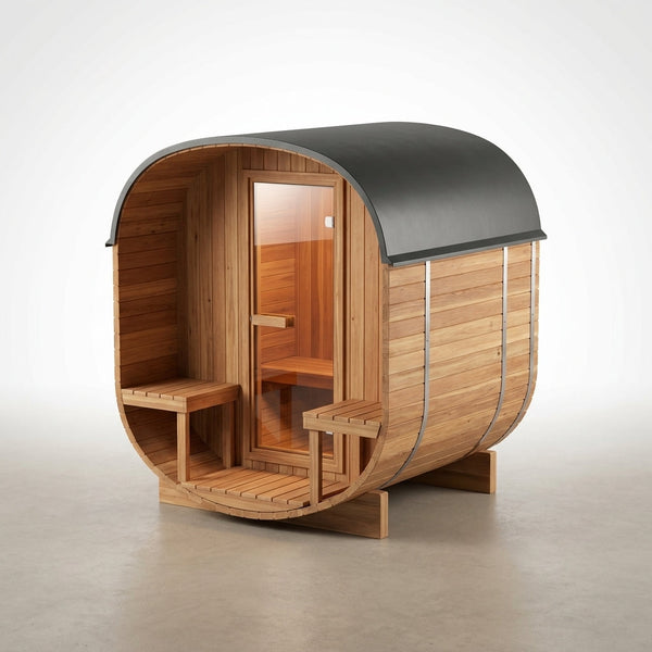 Backyard Discovery Lennon 4-6 Person Traditional Cedar Outdoor Cube Sauna with Porch, Electric Sauna Heater, Sauna Rocks, Dry Heat, Steam Sauna, LED Lights, Wi-Fi Control, Sauna Accessories — Studio Shot