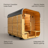 Backyard Discovery Lennon 4-6 Person Traditional Cedar Outdoor Cube Sauna with Porch, Electric Sauna Heater, Sauna Rocks, Dry Heat, Steam Sauna, LED Lights, Wi-Fi Control, Sauna Accessories — infographic