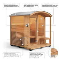 Backyard Discovery Lennon 4-6 Person Traditional Cedar Outdoor Cube Sauna with Porch, Electric Sauna Heater, Sauna Rocks, Dry Heat, Steam Sauna, LED Lights, Wi-Fi Control, Sauna Accessories — How It Works