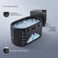 Cold Plunge Tub, 248 Gallon, 1 Horsepower, Heavy-Duty Ice Bath Tub for Athletes with Hot & Cold, Portable Inflatable Plunge Chiller with Water Treatment Kit, Immersion Therapy, Wifi (Black, 1 Set) — infographic