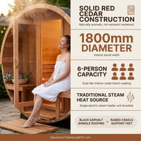 Traditional Steam Sauna Built for Home Recovery, 6-Person Cedar Barrel, 1800mm Diameter, Dual Benches — Results & Stats