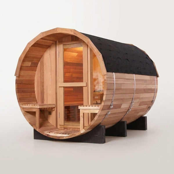Traditional Steam Sauna Built for Home Recovery, 6-Person Cedar Barrel, 1800mm Diameter, Dual Benches — Studio Shot
