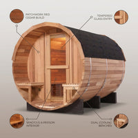 Traditional Steam Sauna Built for Home Recovery, 6-Person Cedar Barrel, 1800mm Diameter, Dual Benches — infographic