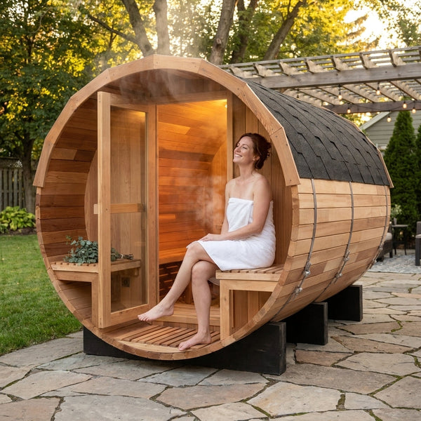 Traditional Steam Sauna Built for Home Recovery, 6-Person Cedar Barrel, 1800mm Diameter, Dual Benches