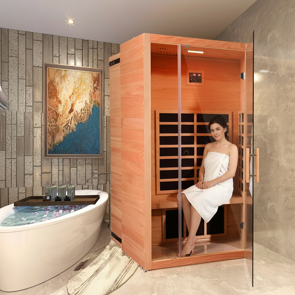 1 Person Extendable FAR Infrared Sauna for Home, Hemlock Wood Low EMF 6 Carbon Heaters Indoor Saunas with LED Lights, Bluetooth Speaker, Digital Control Panel, and Seating Bench